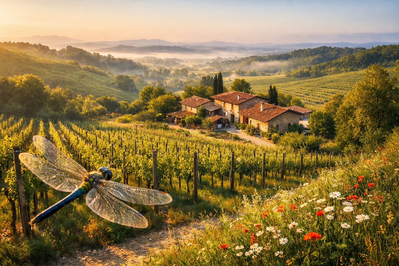 una libellula vola verso un vigneto
